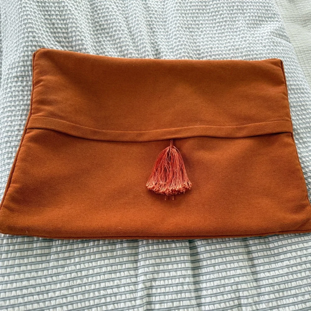 High-End Burnt Orange Linen Lumbar Pillow Cover 14x19 | Tassel Accent Luxe Decor