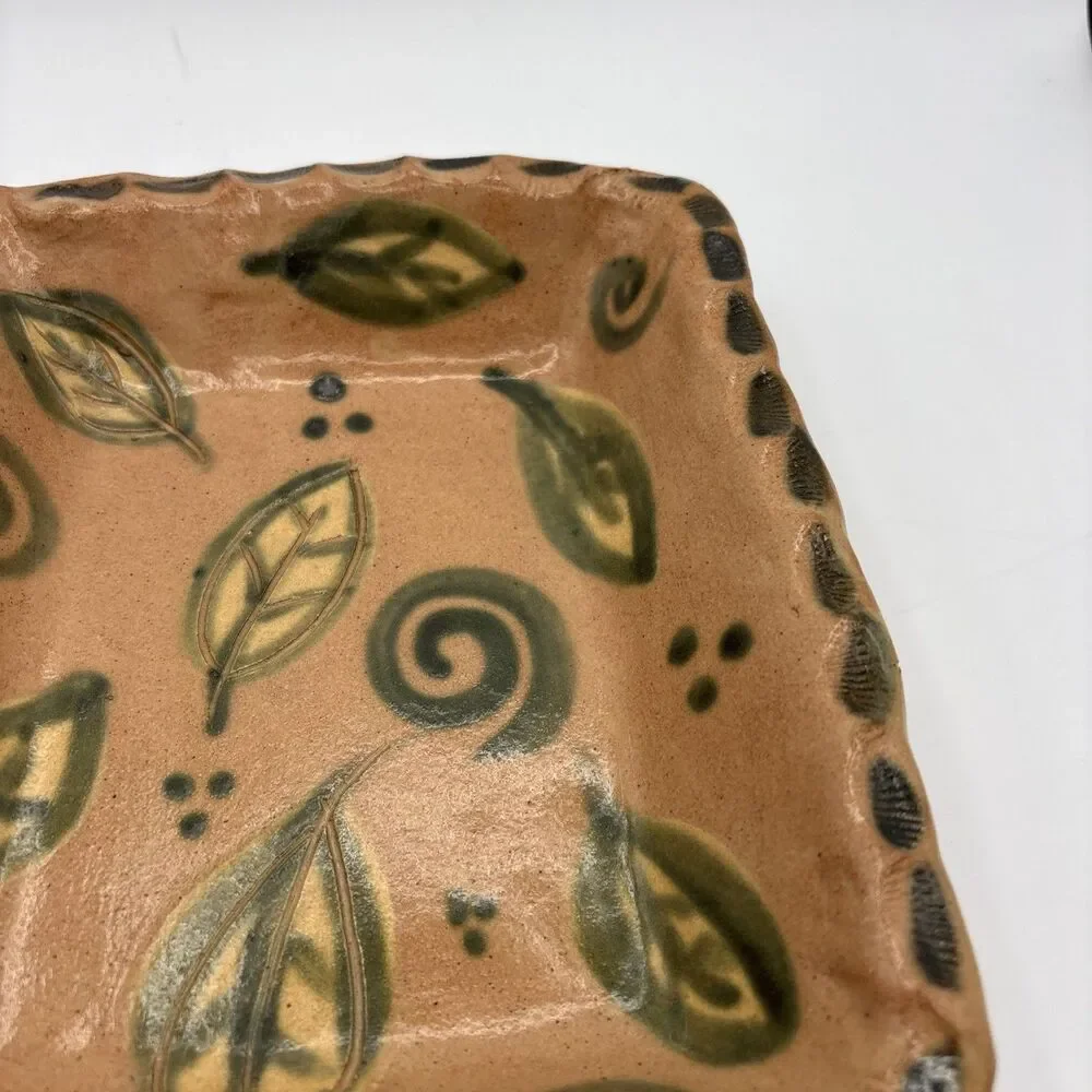 Vintage Signed Studio Pottery Tray Hand Painted Leaf Swirl Motif Terracotta Dish