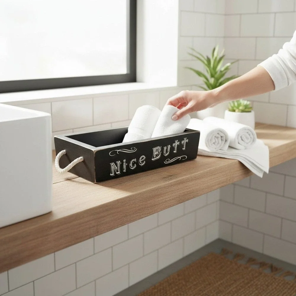 Main Event Toilet Box Diaper Caddy Large Black Wood Nice Butt Like New