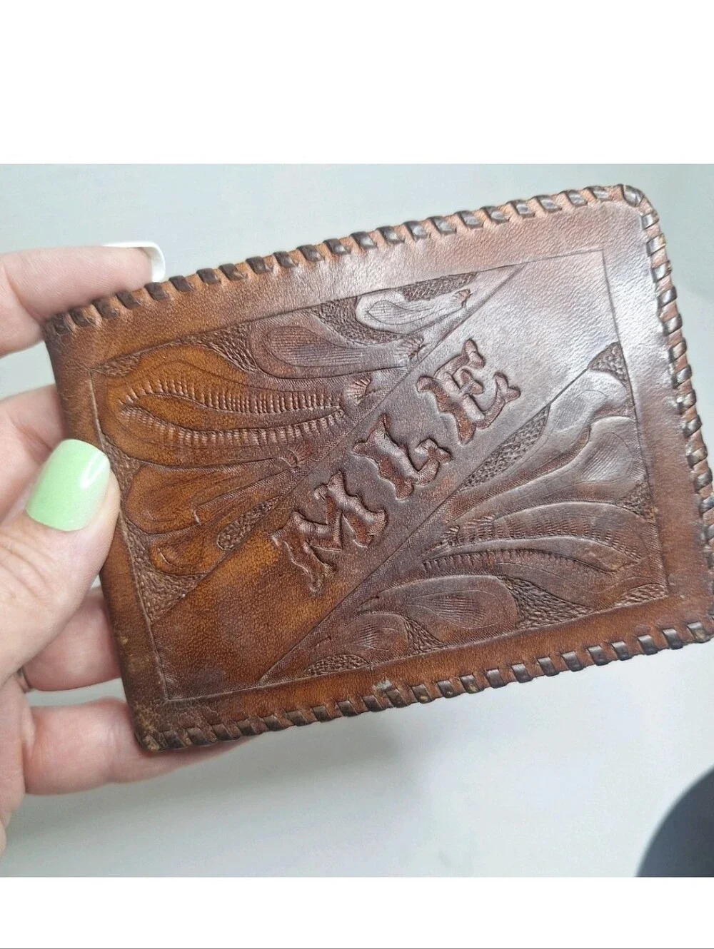 VTG Tooled Leather Wallet Mens Brown Bifold Floral Embossed Western Braided Edge