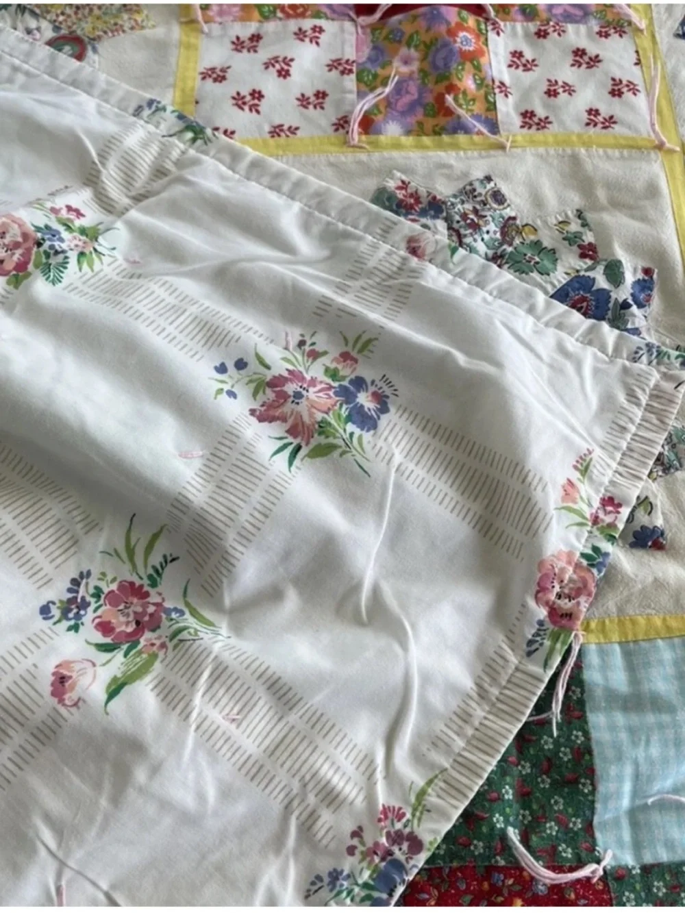 Feedsack Floral Patch Patchwork Quilt Throw Handmade Red Blue Vintage 50s 60s