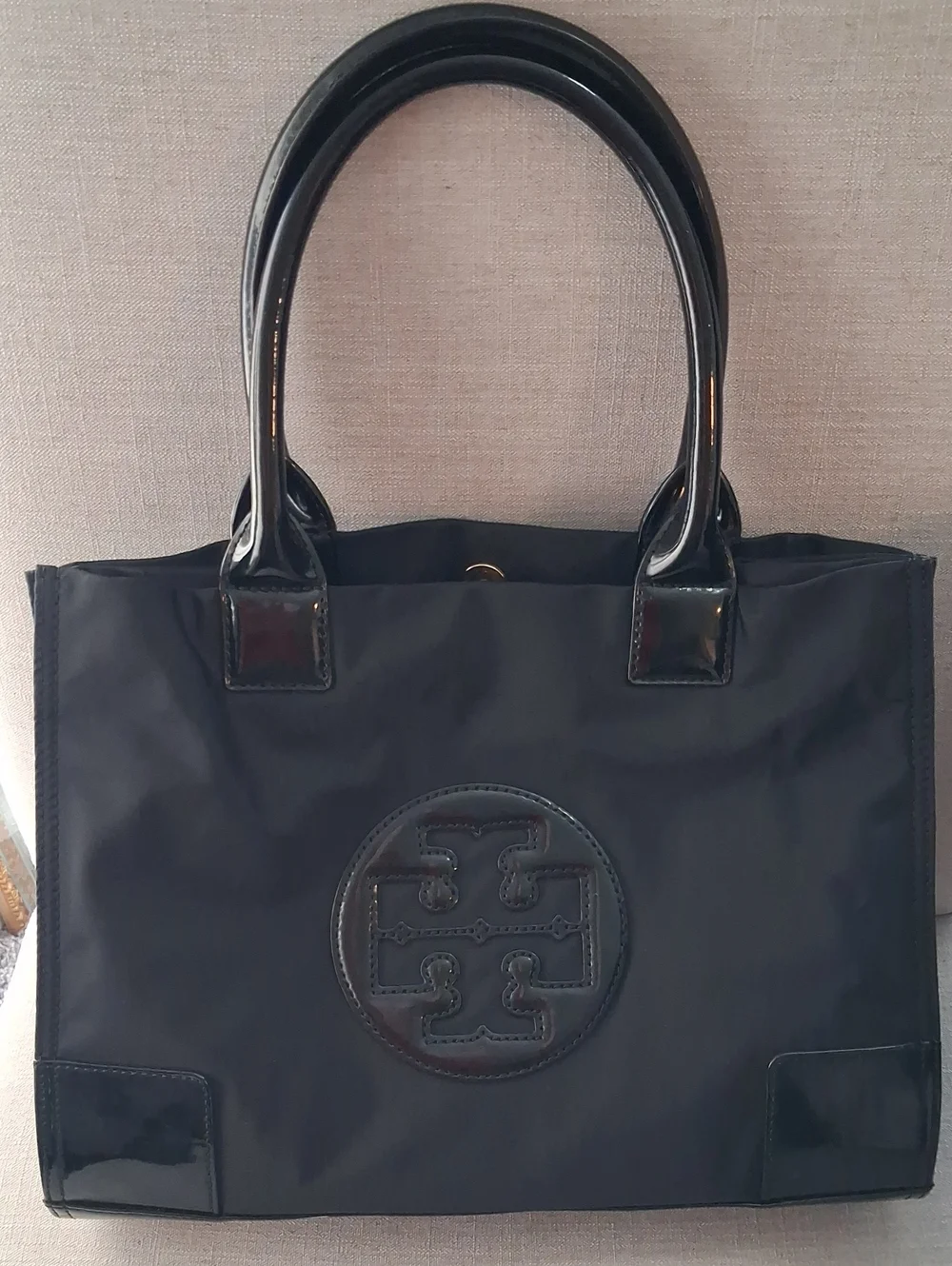 Tory Burch Black Nylon Tote with Patent Trim and Logo