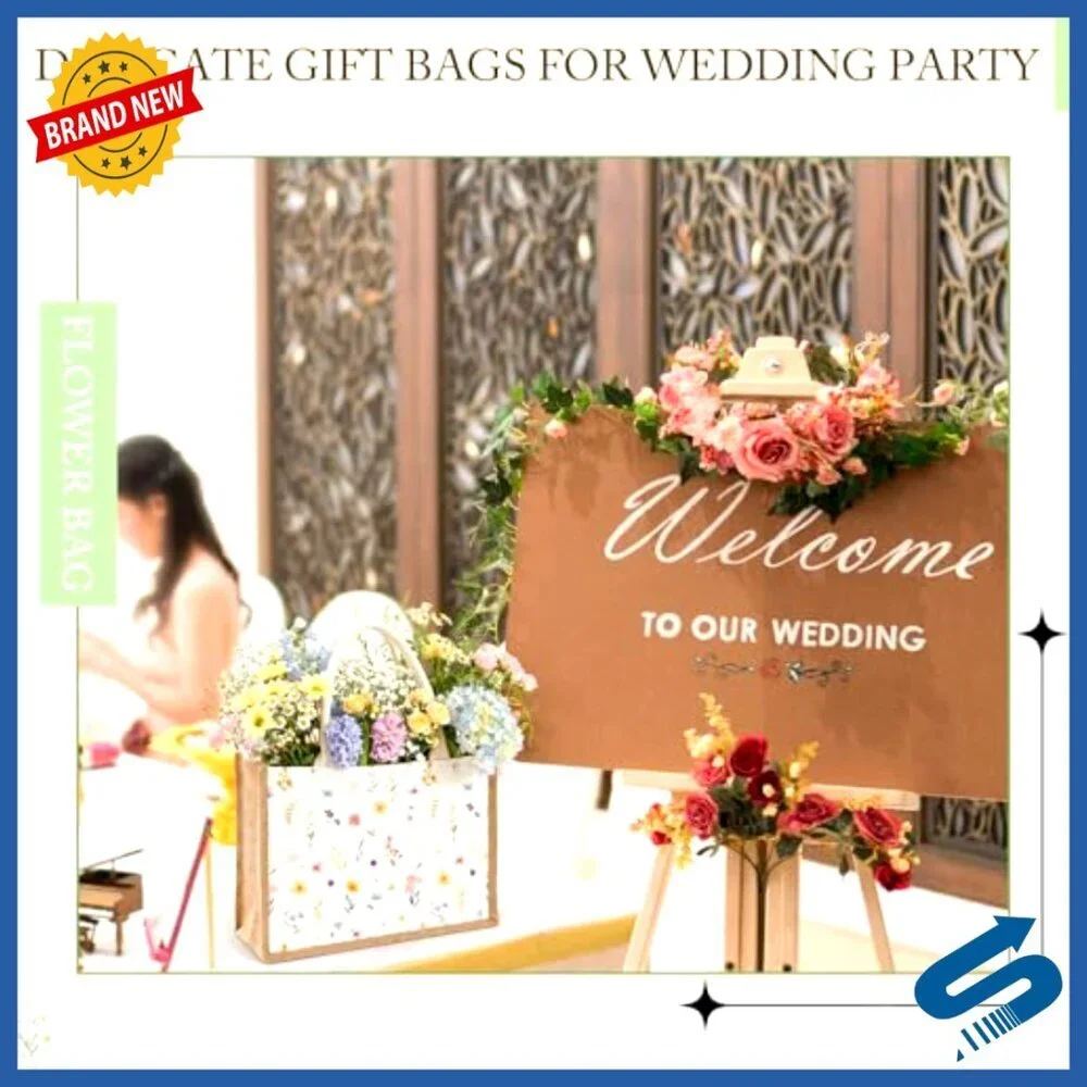 Large Floral Burlap Tote Bags Reusable Grocery Shopping Party Gift Set