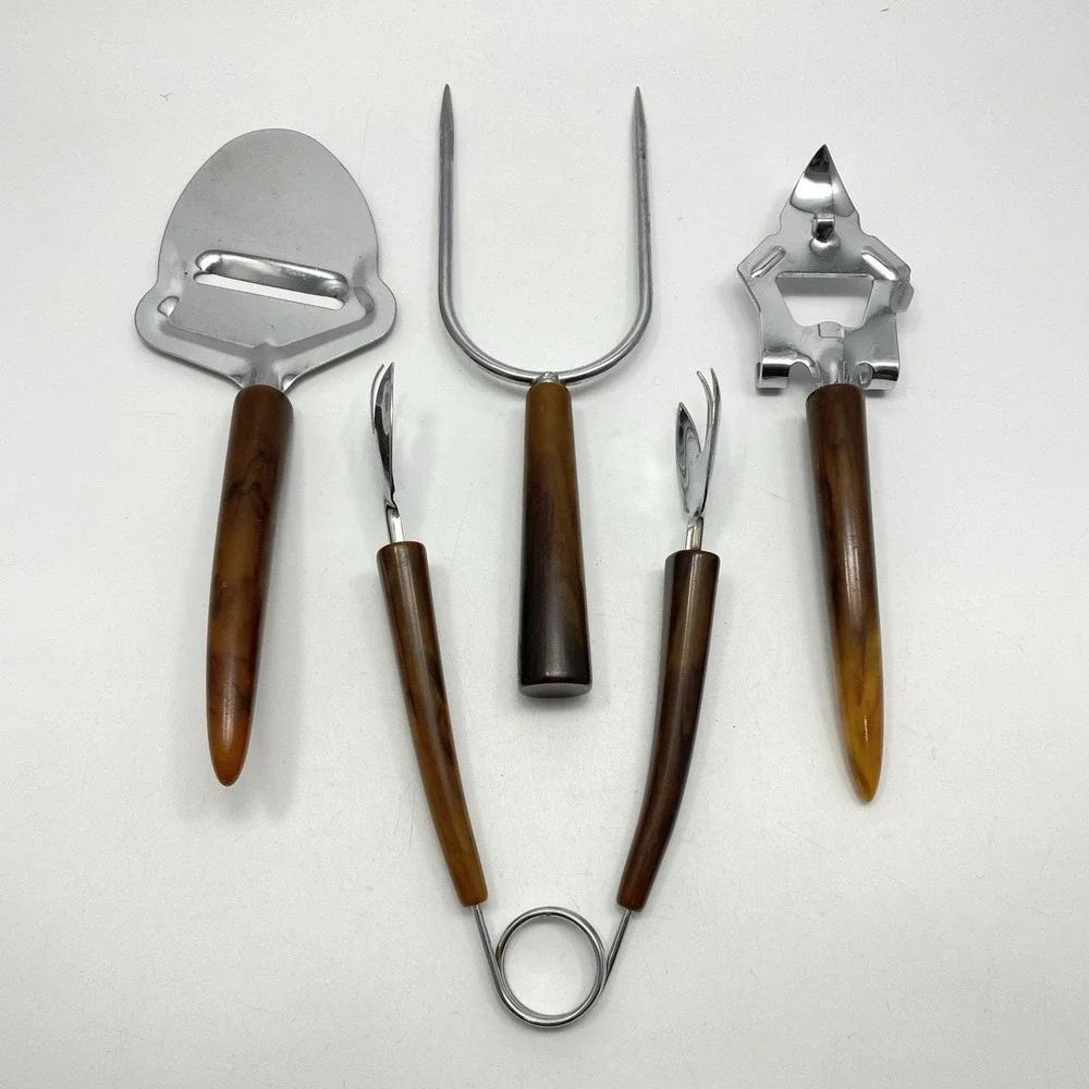 Vtg 4 Barware Utensils Marbled Faux Horn Bottle Opener Cheese Slicer‎ Tongs Fork