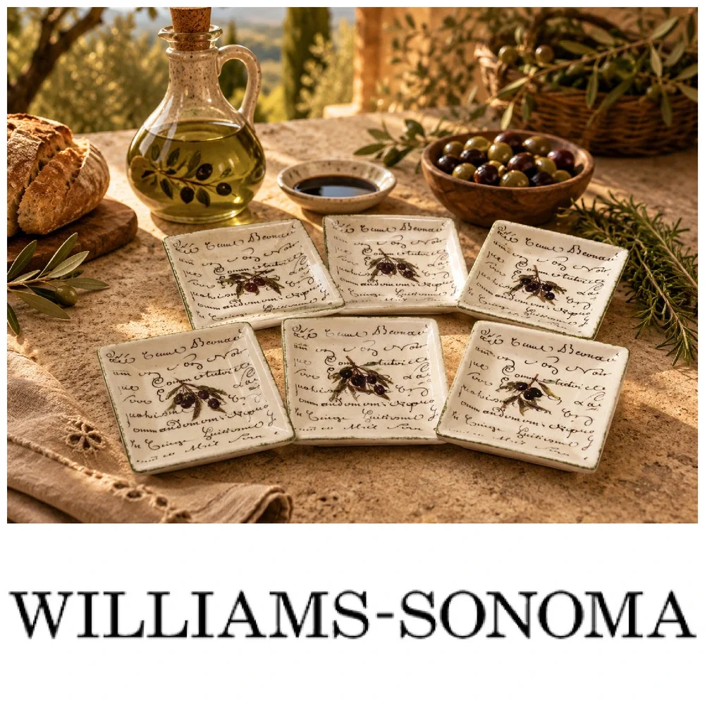 Lot 6 x Williams Sonoma Olive Script Oil Dipping Plates Square 4