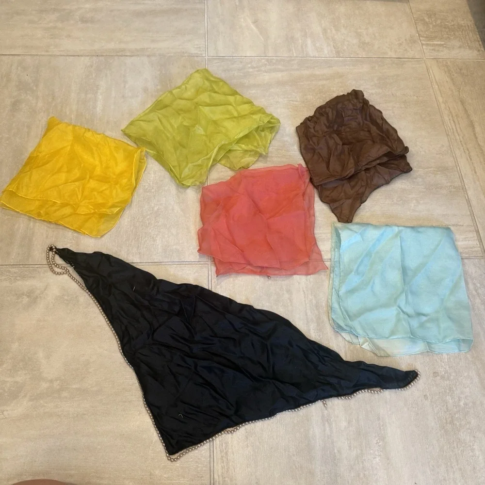 Vintage Lot Of 6 Scarves Pure Silk Solid Colors Pearl Purse Scarf