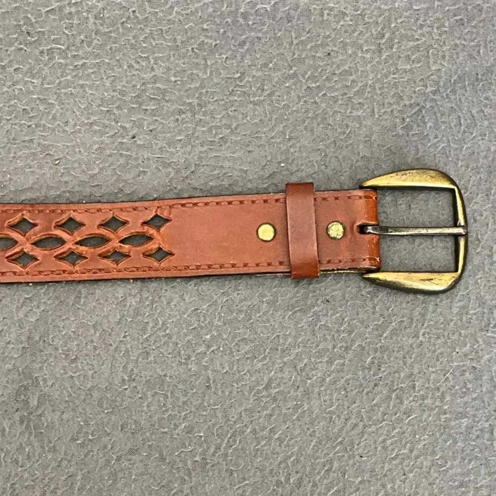 Vintage Brown Genuine Leather Belt Cut Out Tooled Women Large 27.5” - 31.5”