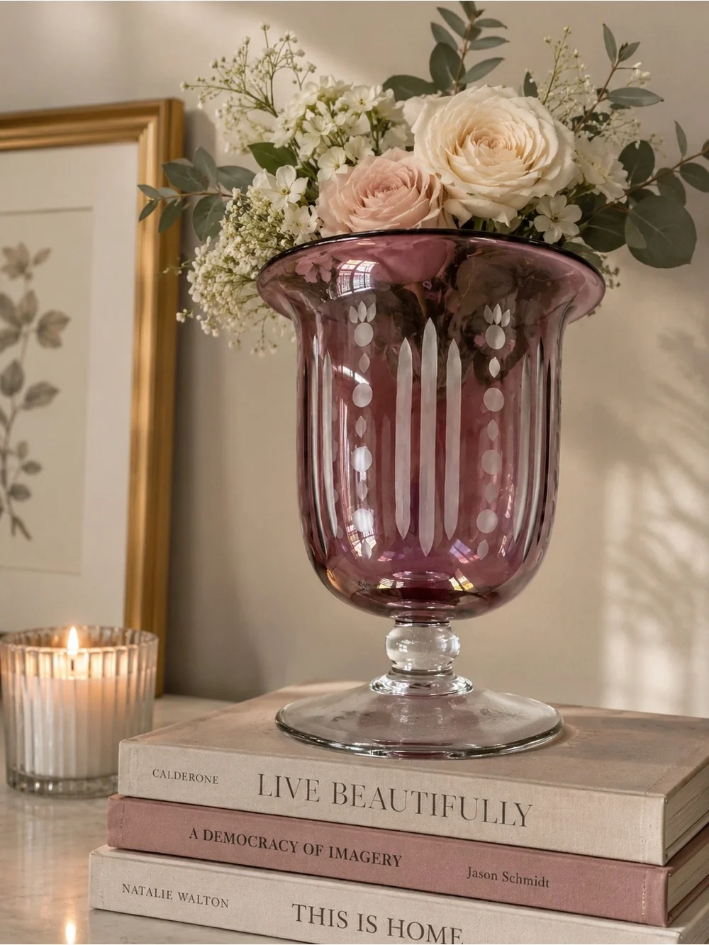 Decorative Pink Etched Glass Pedestal Vase - Home Accents