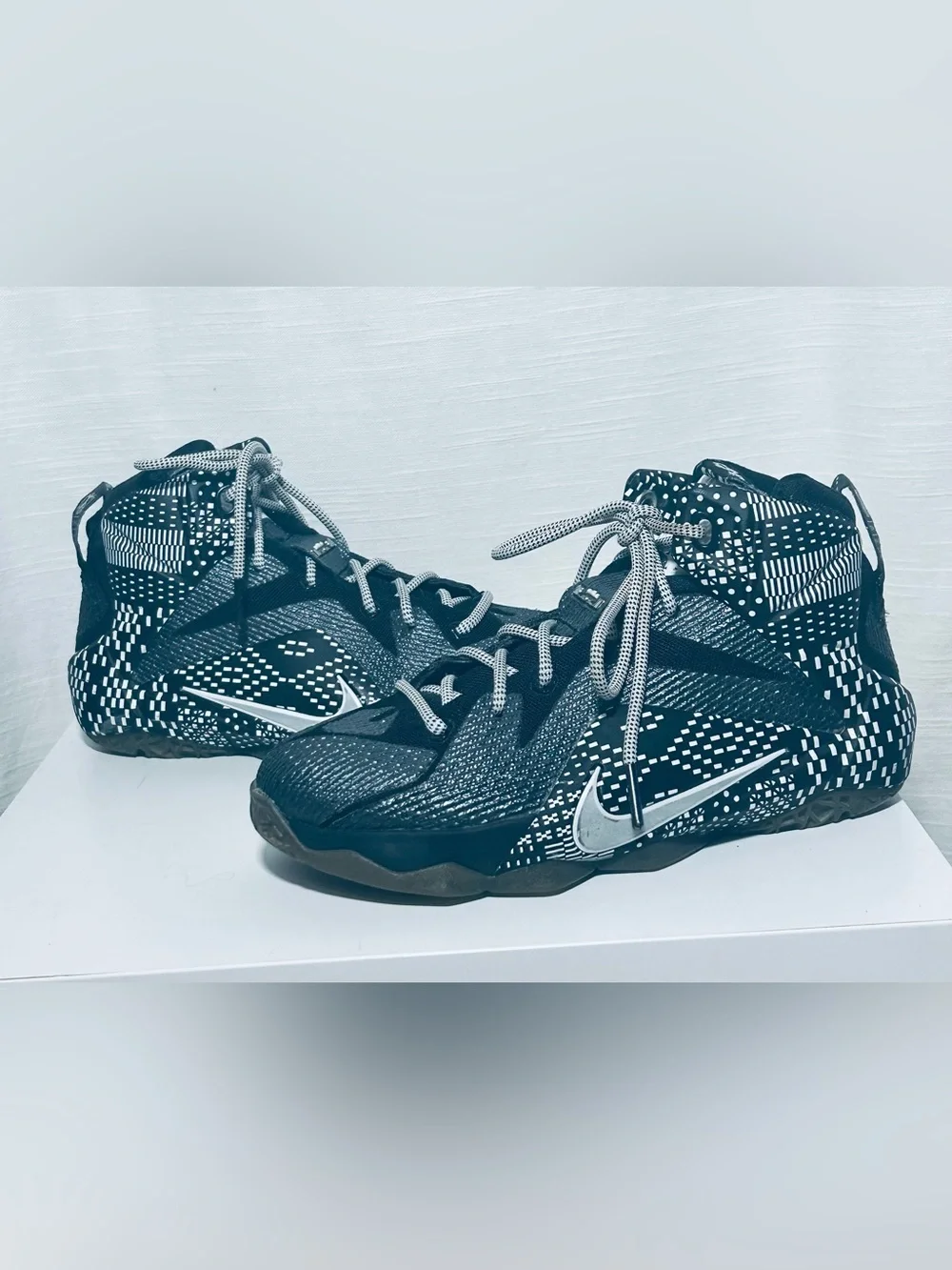 Nike LeBron 12 BHM Kids Black and White Patterned Basketball Sneakers