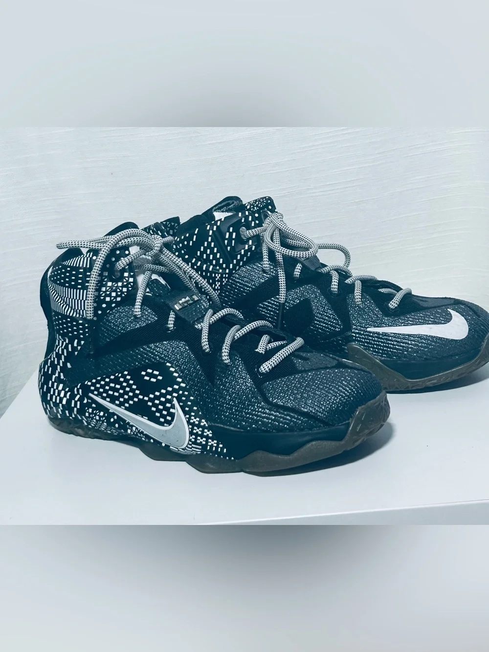 Nike LeBron 12 BHM Kids Black and White Patterned Basketball Sneakers