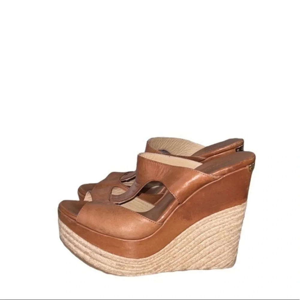 Jimmy Choo‎ Leather Pledge T-Strap Rope Platform Wedge Slide Espadrilles