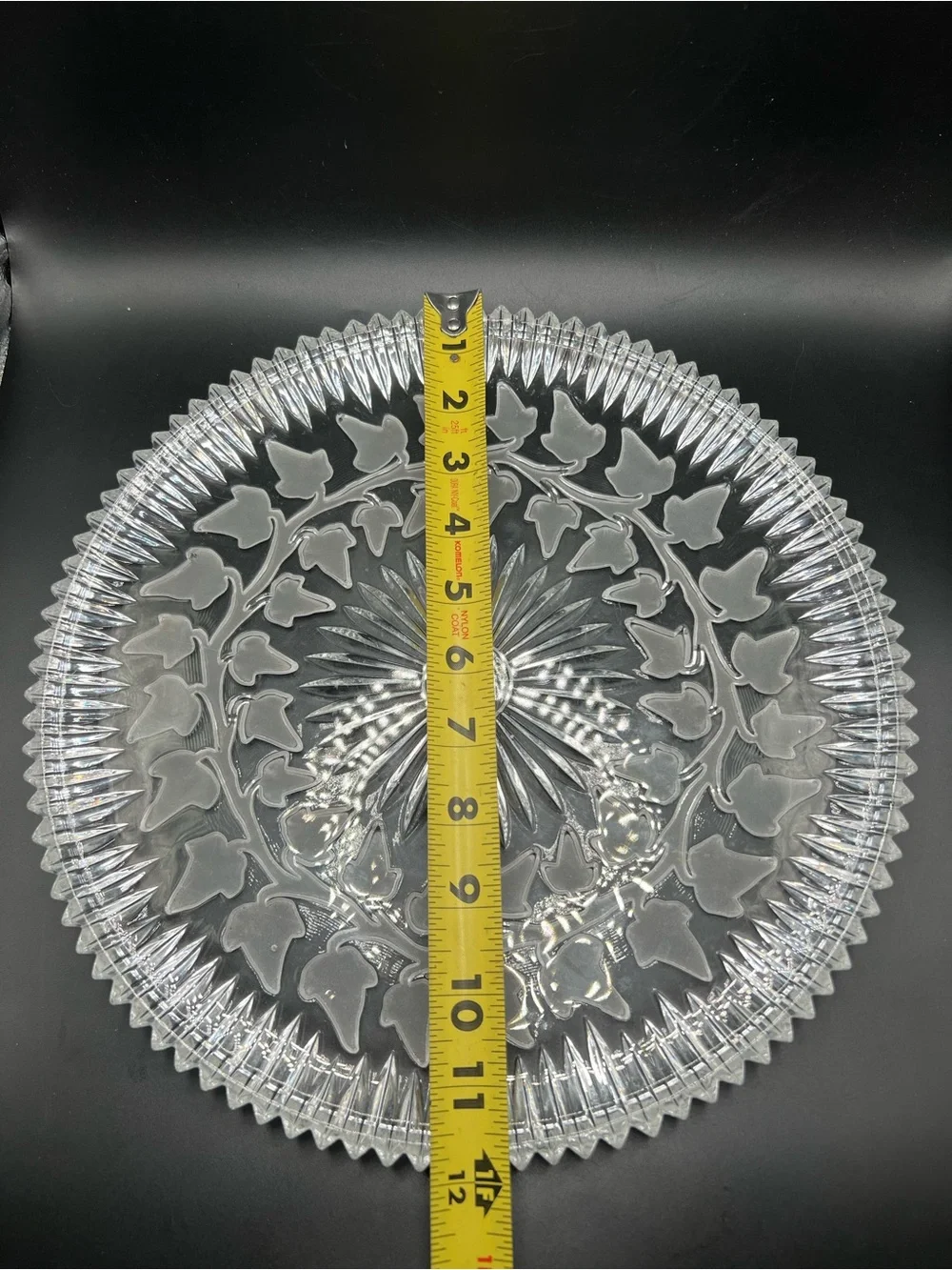 Vintage Frosted Ivy Leaf Glass Serving Plate Platter 11.75” Heavy Sawtooth Edge
