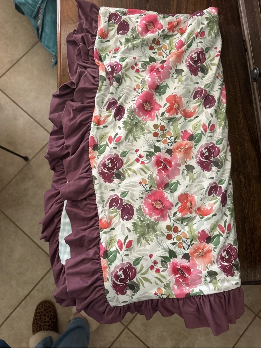 Floral Ruffle Pencil Skirt in Plum and Pink