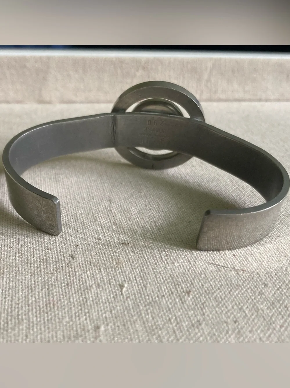 Jorgen Jensen Vintage Mid Century pewter cuff bracelet Amber Glass Center Stone