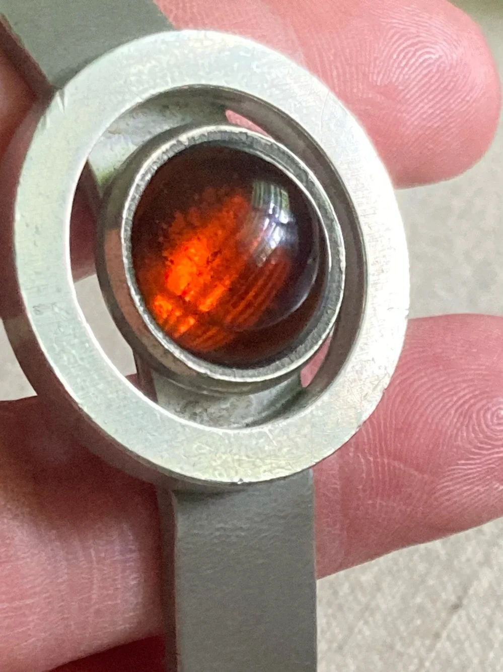 Jorgen Jensen Vintage Mid Century pewter cuff bracelet Amber Glass Center Stone