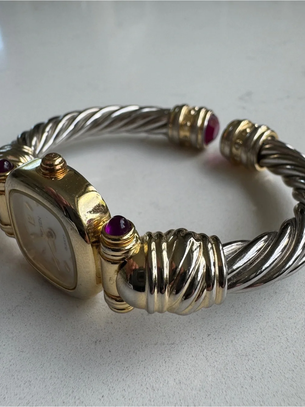 Vtg Gruen Womens Gold Silver Two Tone Watch Bangle Twist Spring Bracelet Quartz