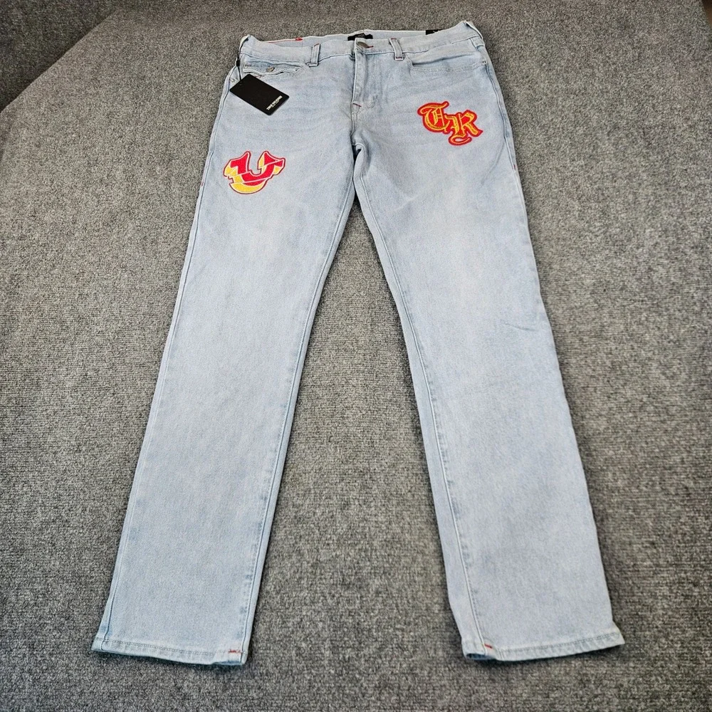 $184 True Religion Mens Geno Relaxed Slim Patch Jeans Light Journey Wash W34 L32