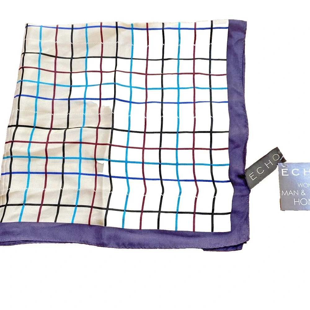 NWT Echo Silk Scarf Neckerchief Sq 22” Blue Beige Multicolor Plaid Check Classic