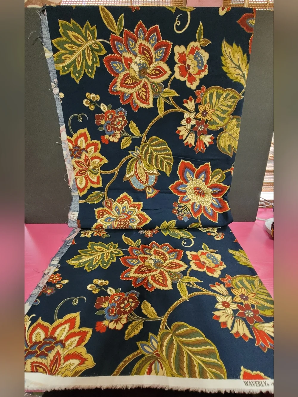 Waverly Inspirations Screen Print Floral Fabric Navy Background 4 Yds (0778)