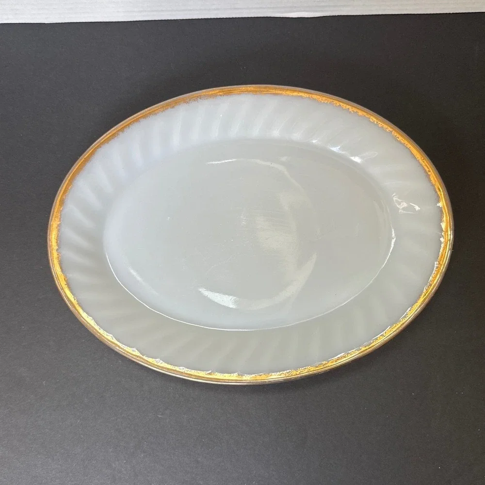Vintage Fire-King Milk Glass Swirl Oval Platter Gold Gilt Trim 12 Inch White