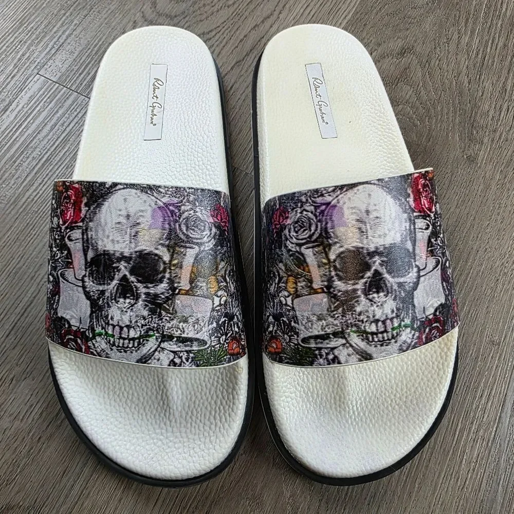 Robert Graham Whiterford Graphic Skull Leather Slides Size 9