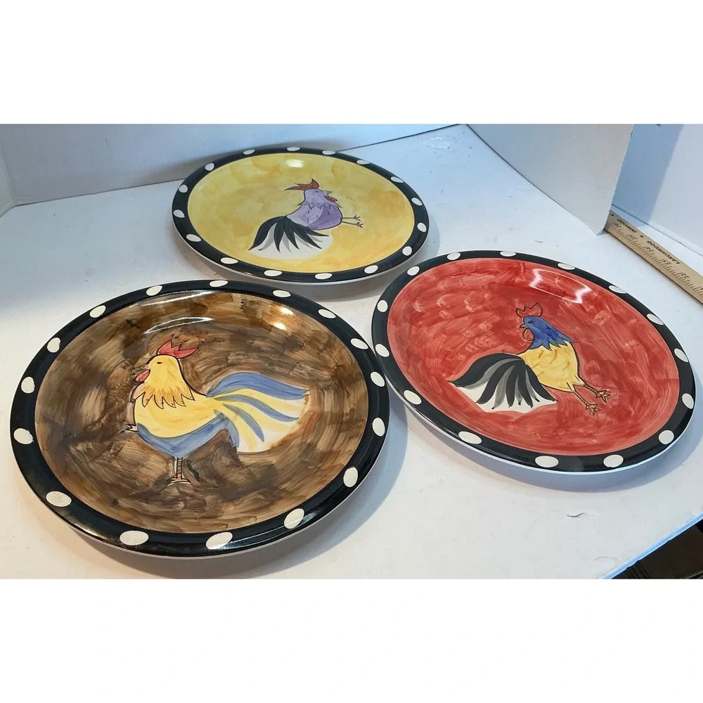 Vintage Rooster Ceramic Plates Set of 3 Polka Dot Rim 8 Inch Farmhouse