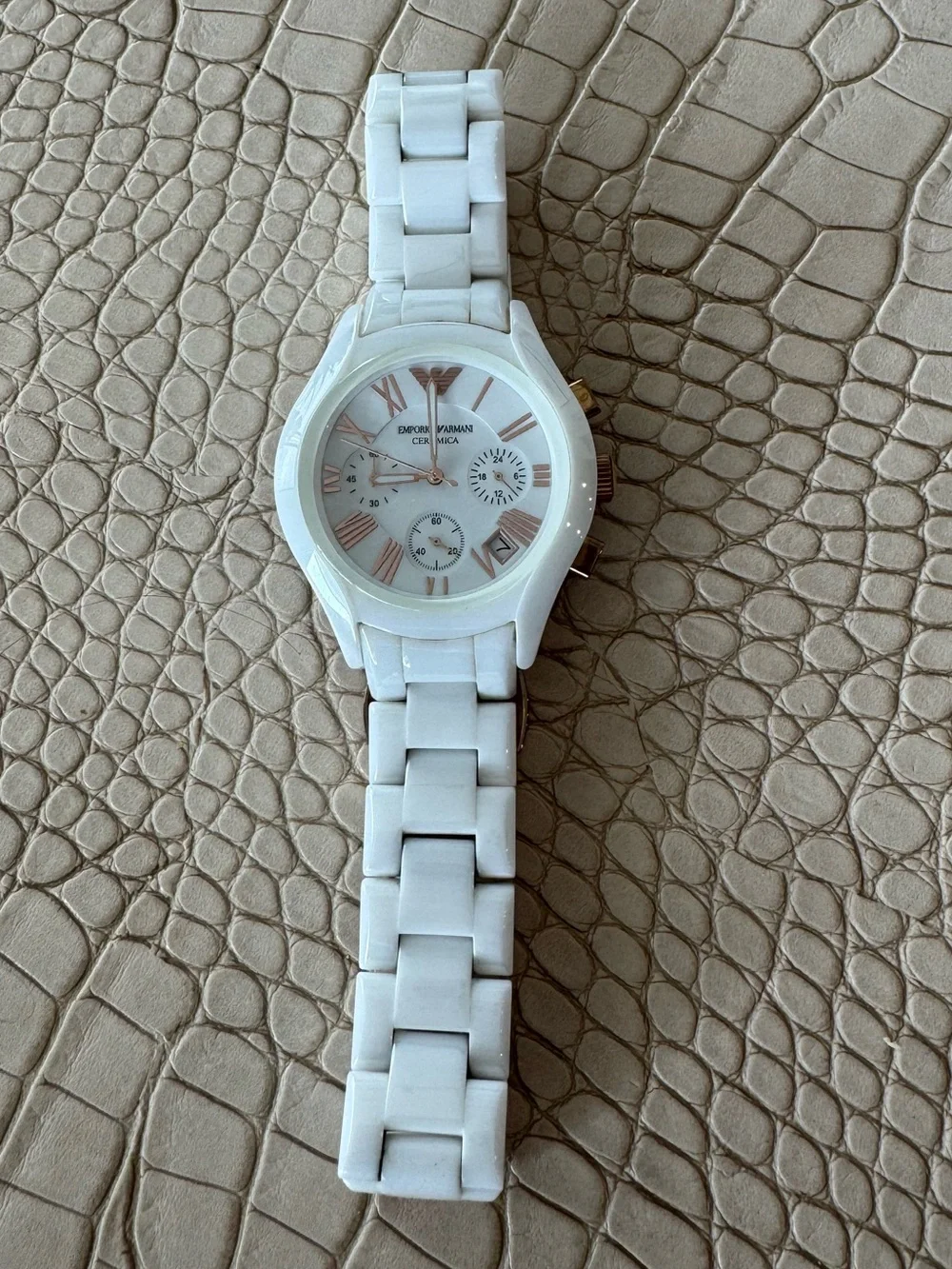 Emporio Armani White Ceramic Chronograph Watch with Rose Gold Markers