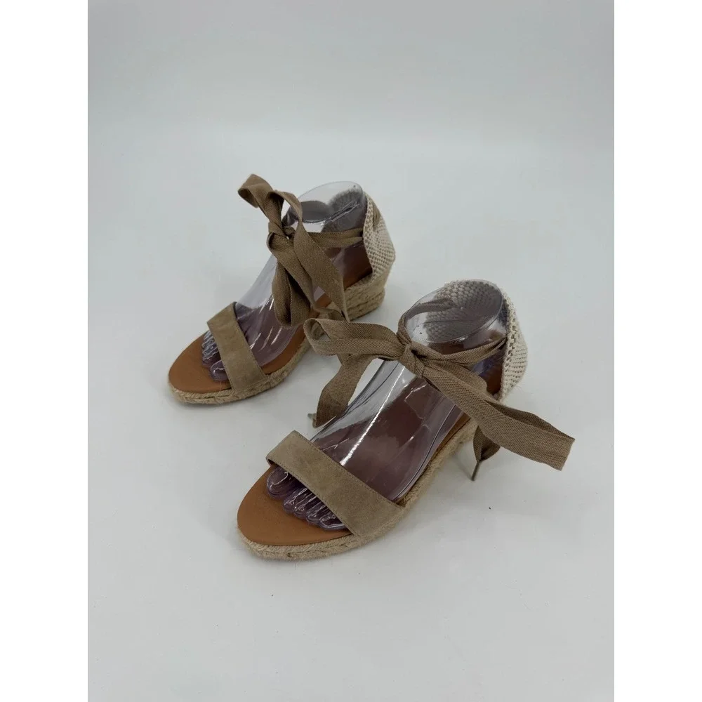 Maypol Tan Suede Espadrille Wedge Sandals Lace Up Made in Spain Size 39