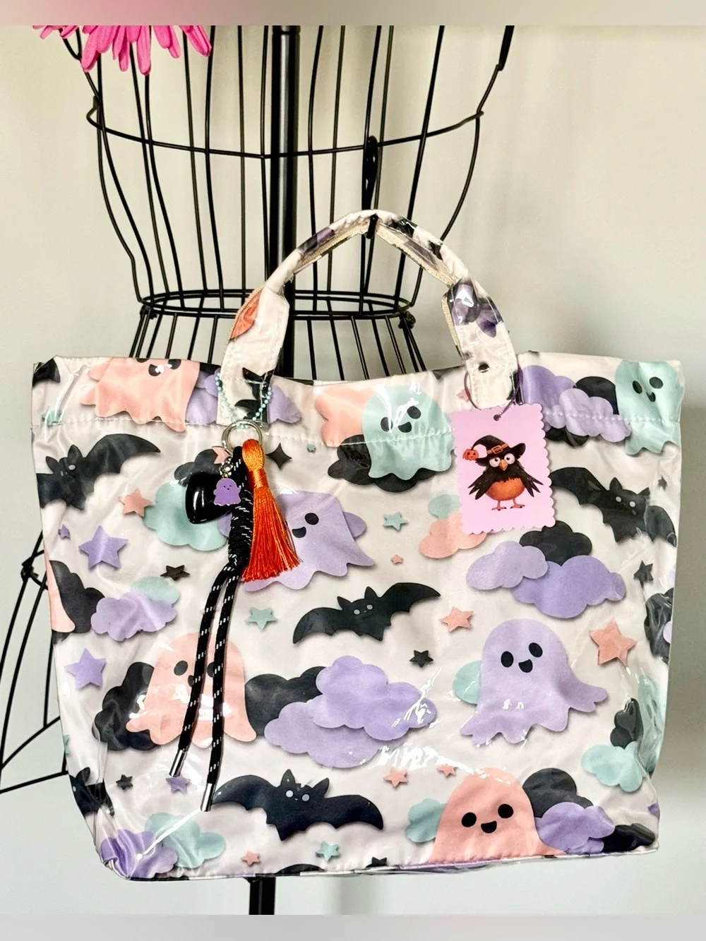 New Halloween Pastel Ghosts & Bats PVC Handbag Purse Tote Bag w/ Charm