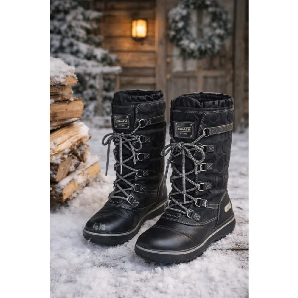 Coach Black Signature Mid-Calf Winter Snow Boots Women’s 7.5B Lace-Up Fabric & L