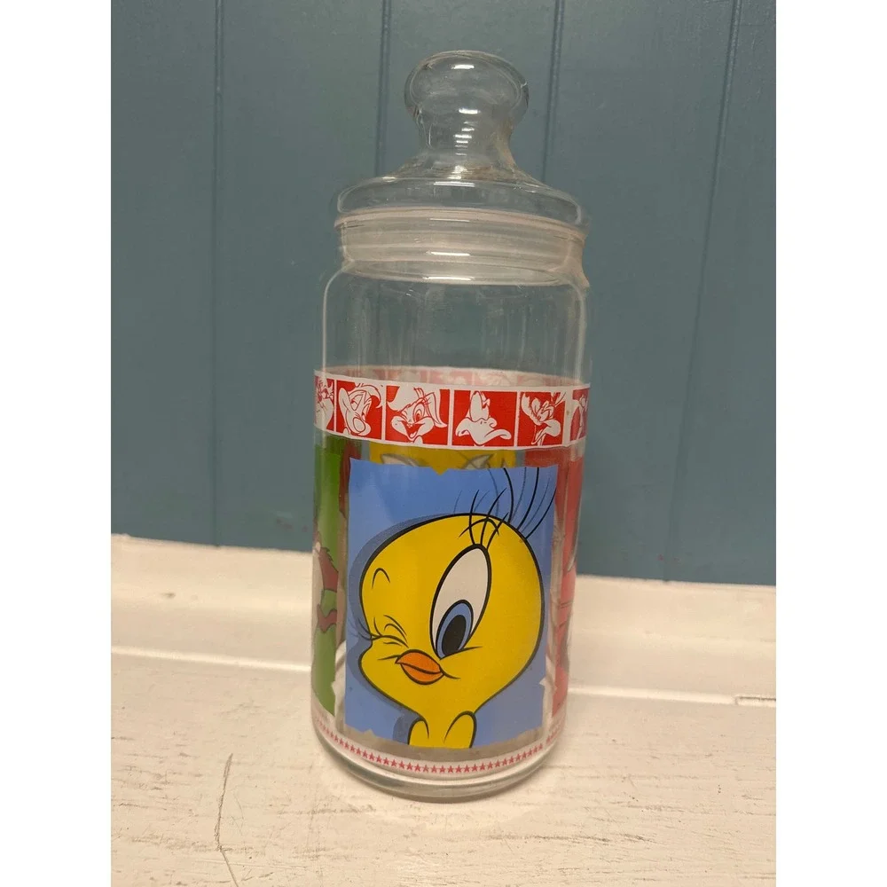 Looney Tunes Character‎ tall Glass Jar Candy Cookie Storage Container Lid