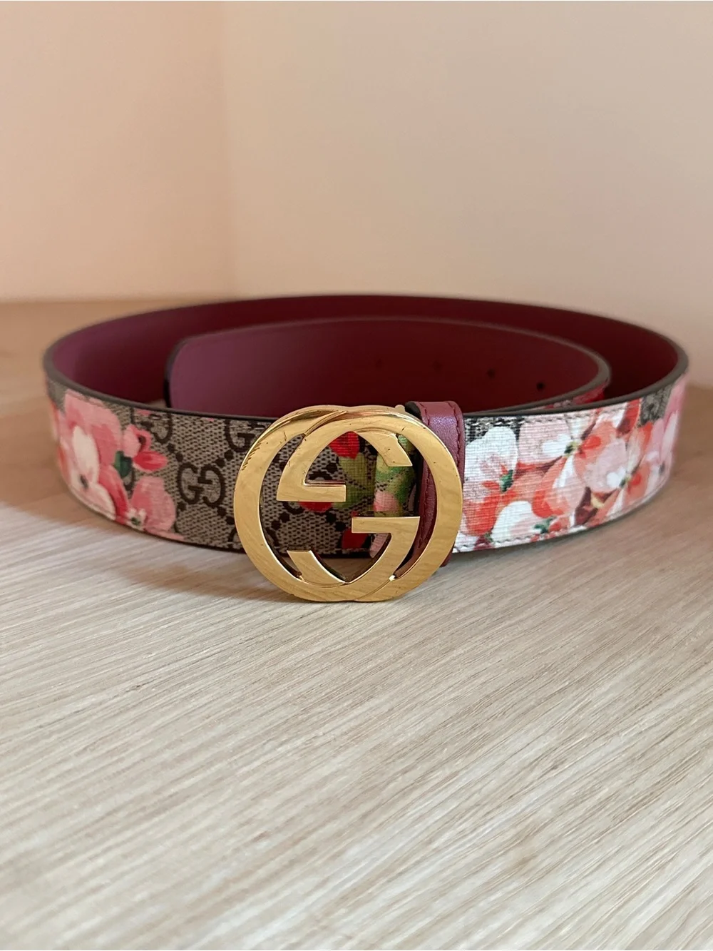 Gucci Floral GG Gold Buckle Belt in Pink and Beige