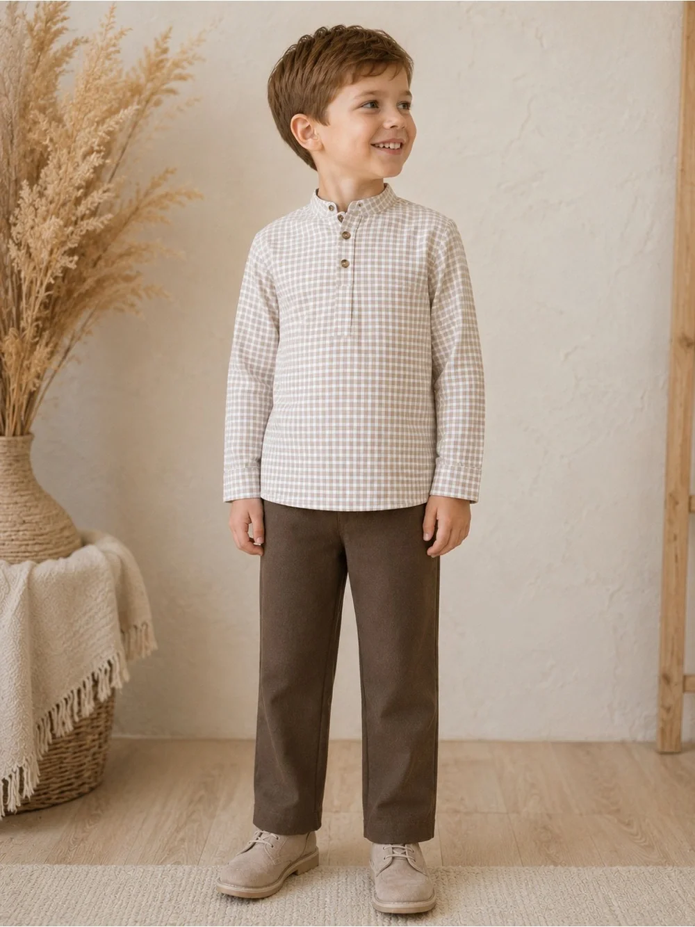 Edgehill Collection Boys Check Long Sleeve Shirt and Pants Set 5