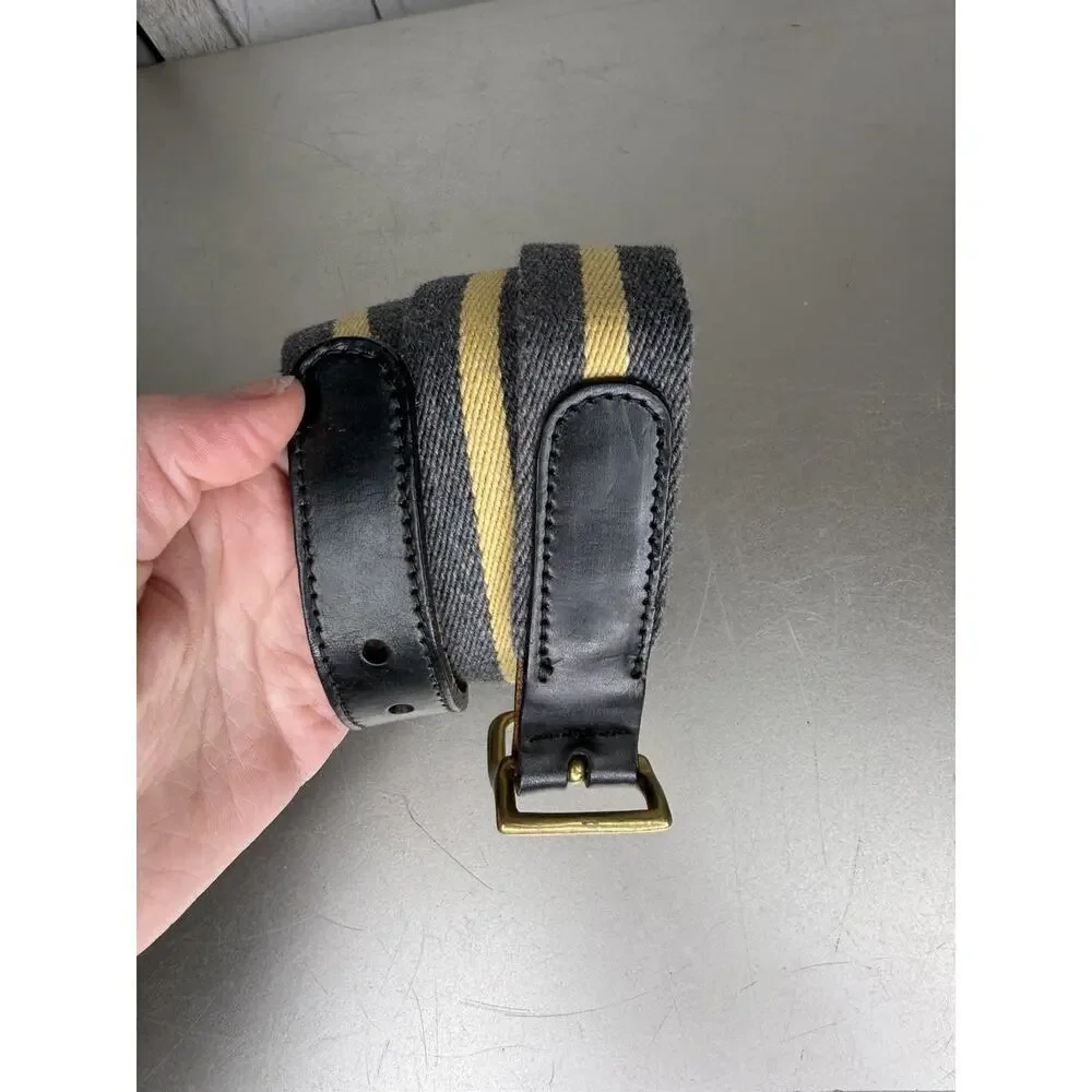 Canterbury Belt Solid Brass Buckle Woven Gray Cream Fabric Black Leather Sz 32