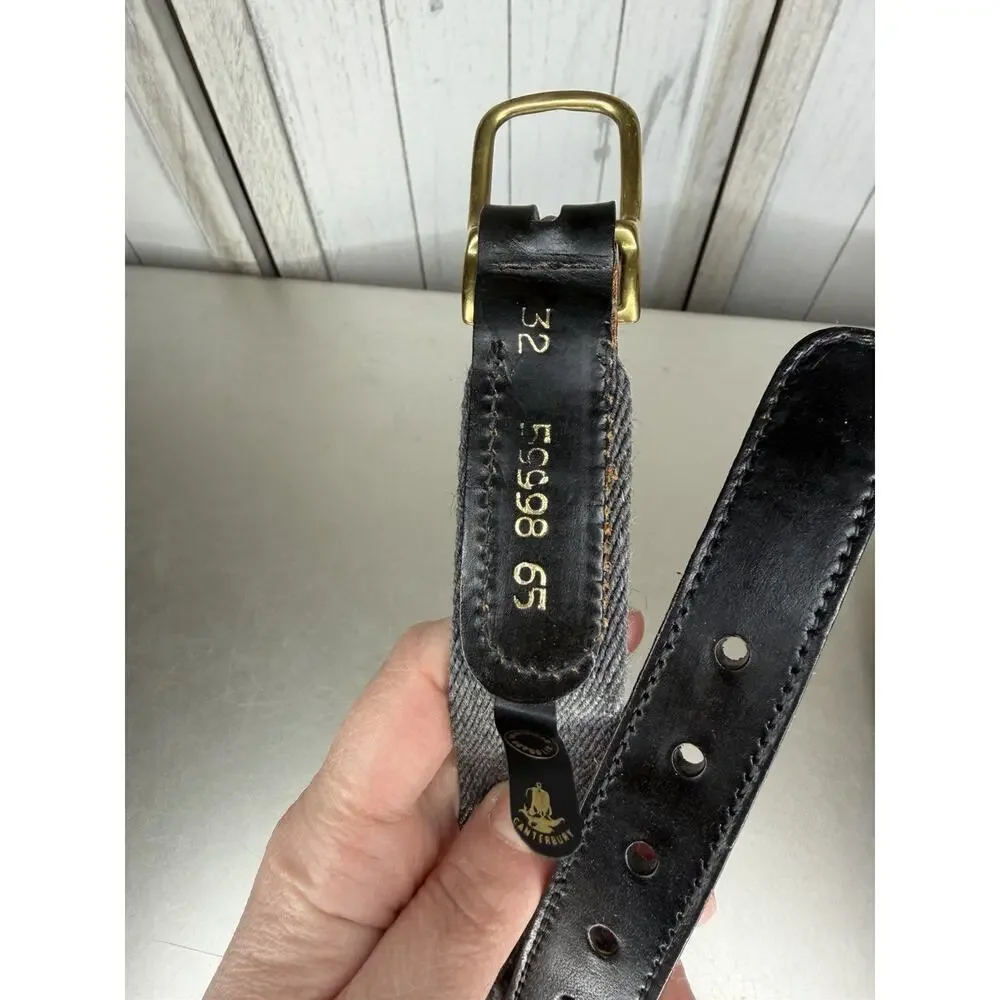 Canterbury Belt Solid Brass Buckle Woven Gray Cream Fabric Black Leather Sz 32