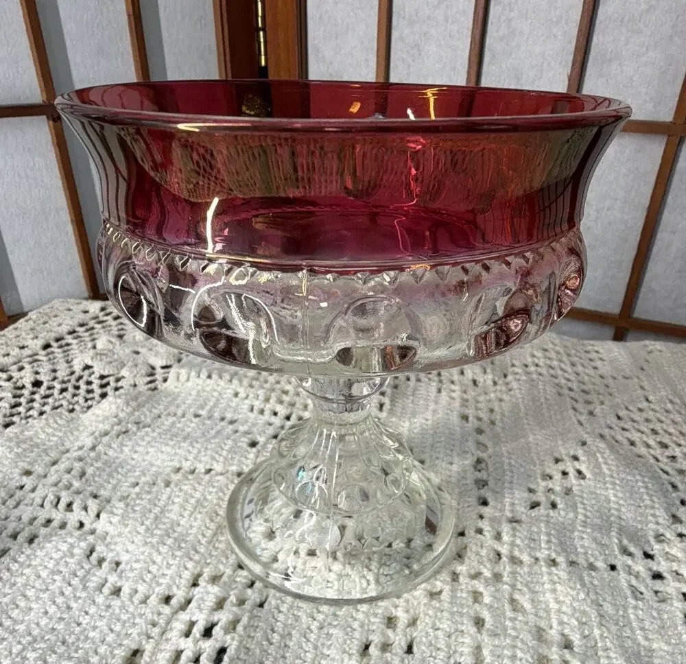 Indiana Glass compote dish in Kings Crown pattern with a Ruby Flash accent