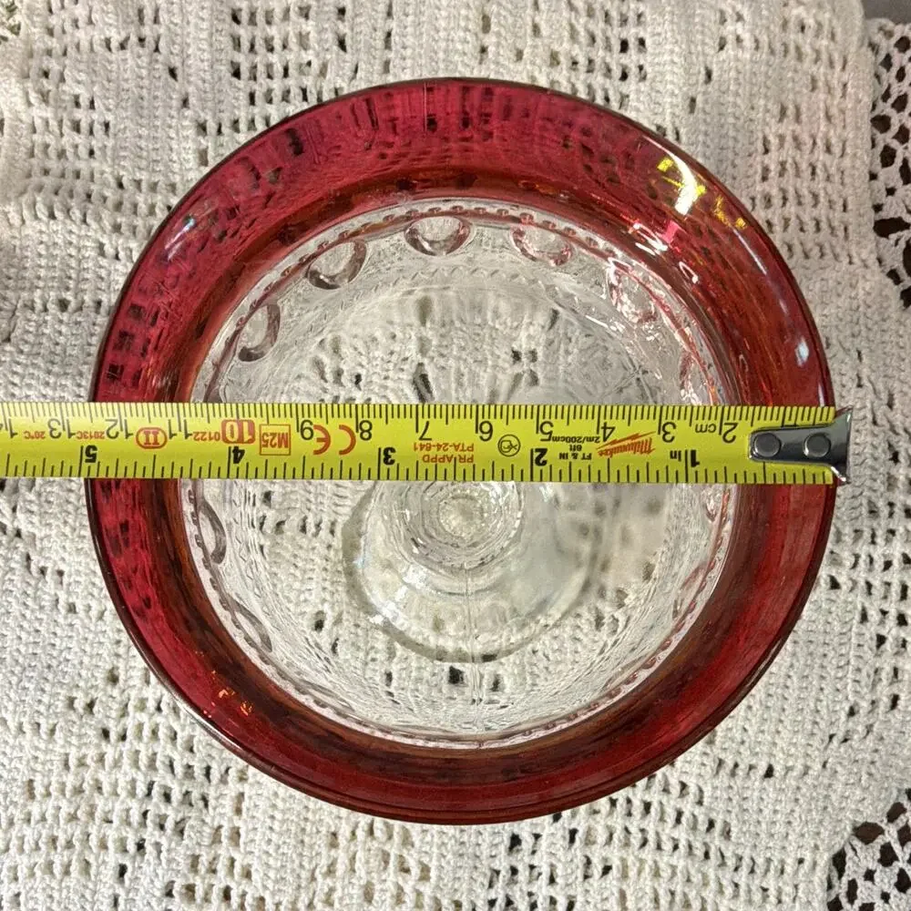 Indiana Glass compote dish in Kings Crown pattern with a Ruby Flash accent