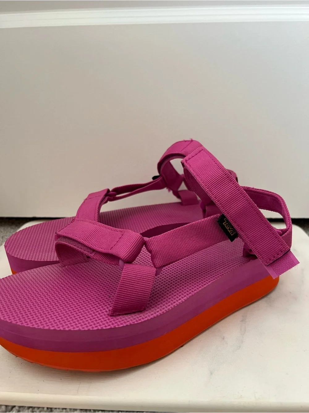 TEVA Hot Pink Platform Sport Sandals with Orange Sole - Size 9