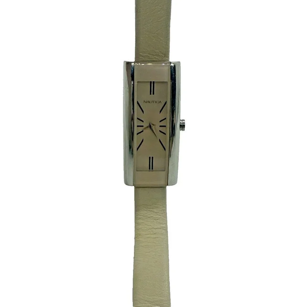 Nautica Women's Watch A07513L Rectangle Slim Beige Leather Band Silver Tone Case