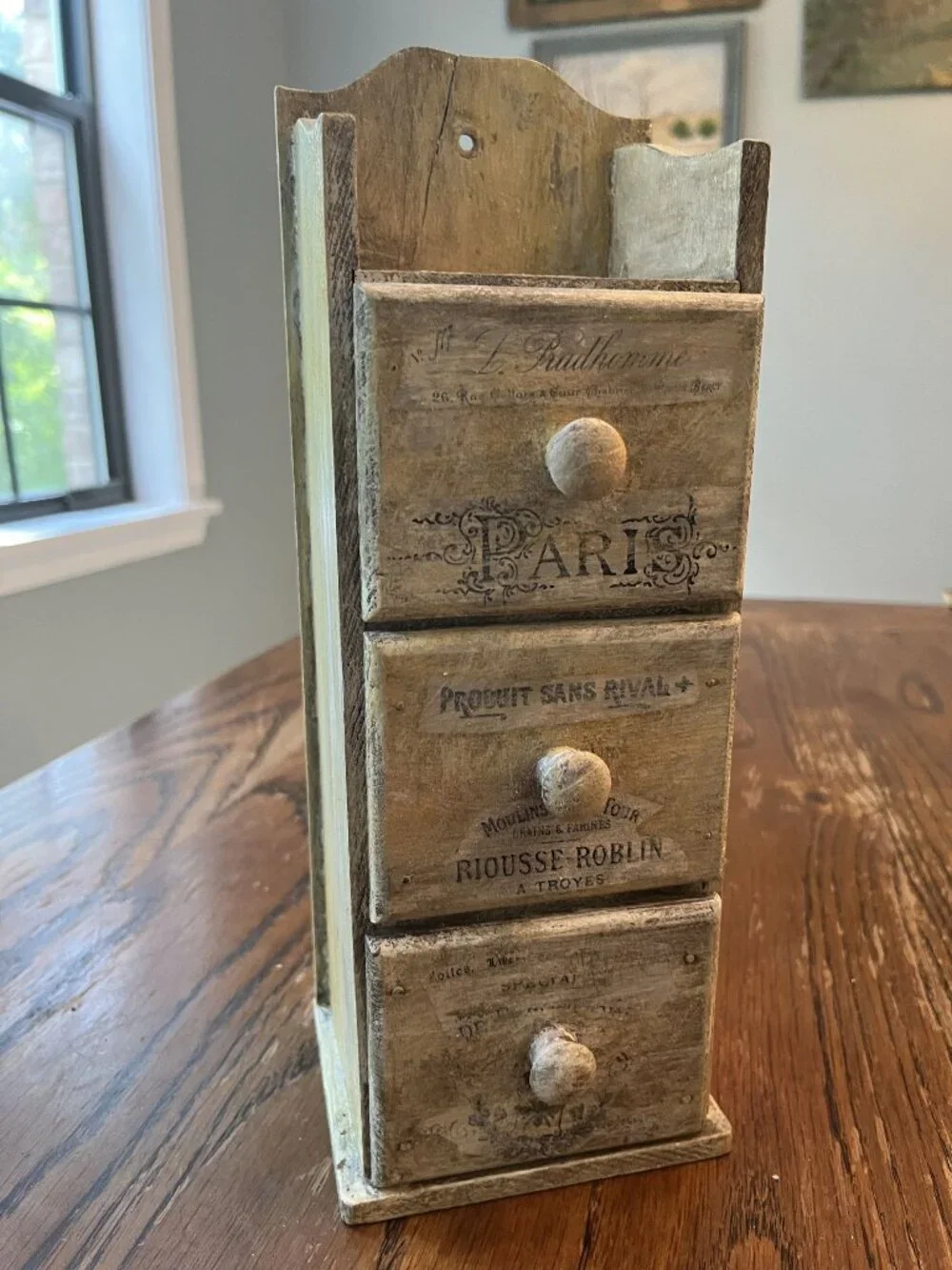 French Wooden Distressed 3-Drawer Storage Box With Parisian Script Design Rustic