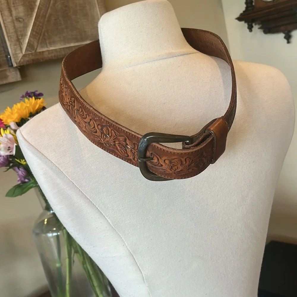 Vintage Brown Embossed Leather Belt