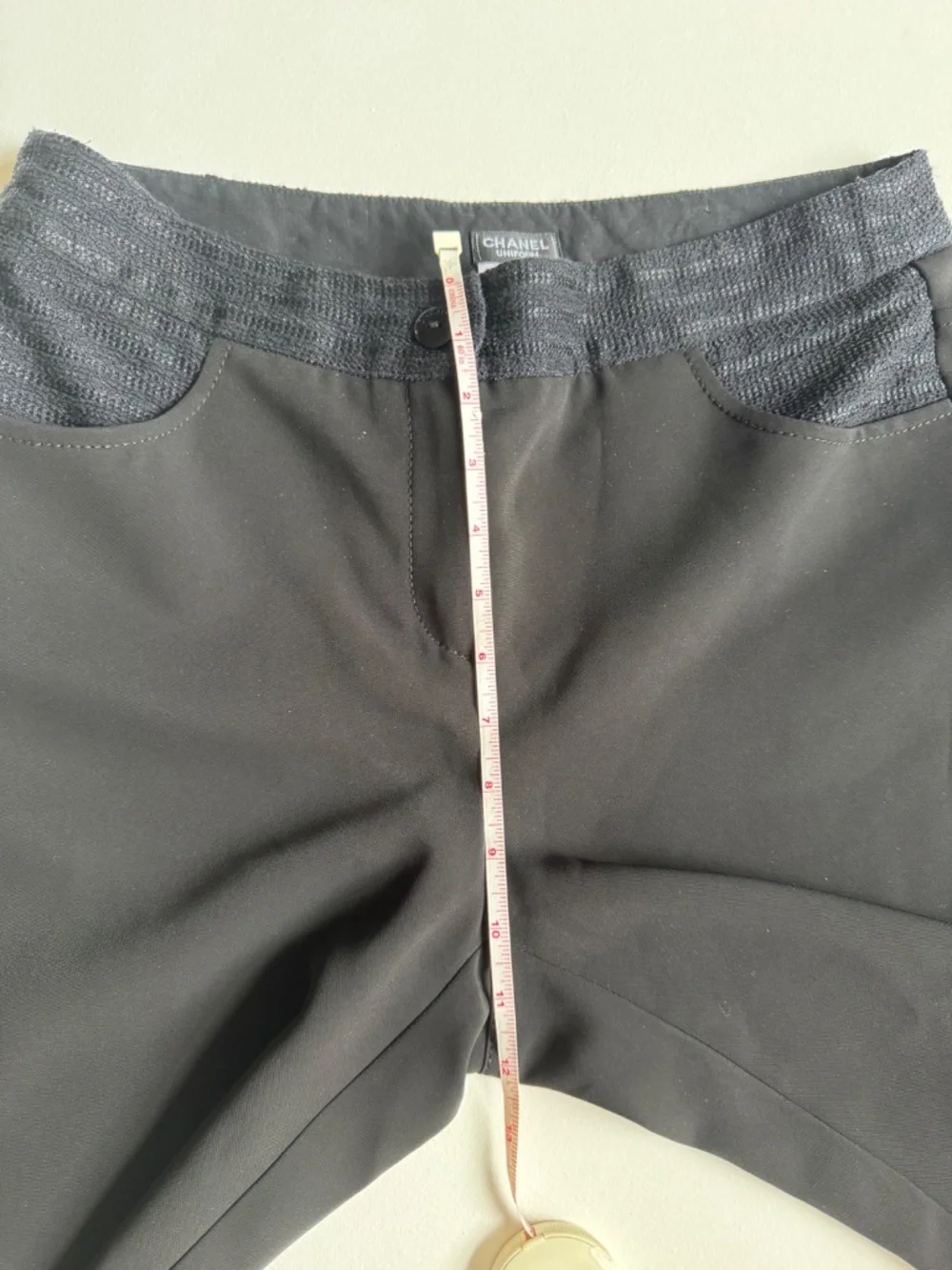 CHANEL Uniform Black Knit Waist Pants Women's Size 44 Straight Slit Leg