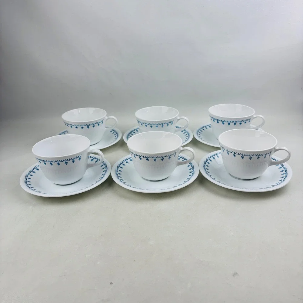 Corelle Snowflake Blue 6 Flat Cup & Saucer Sets White Ring Handle Vintage‎
