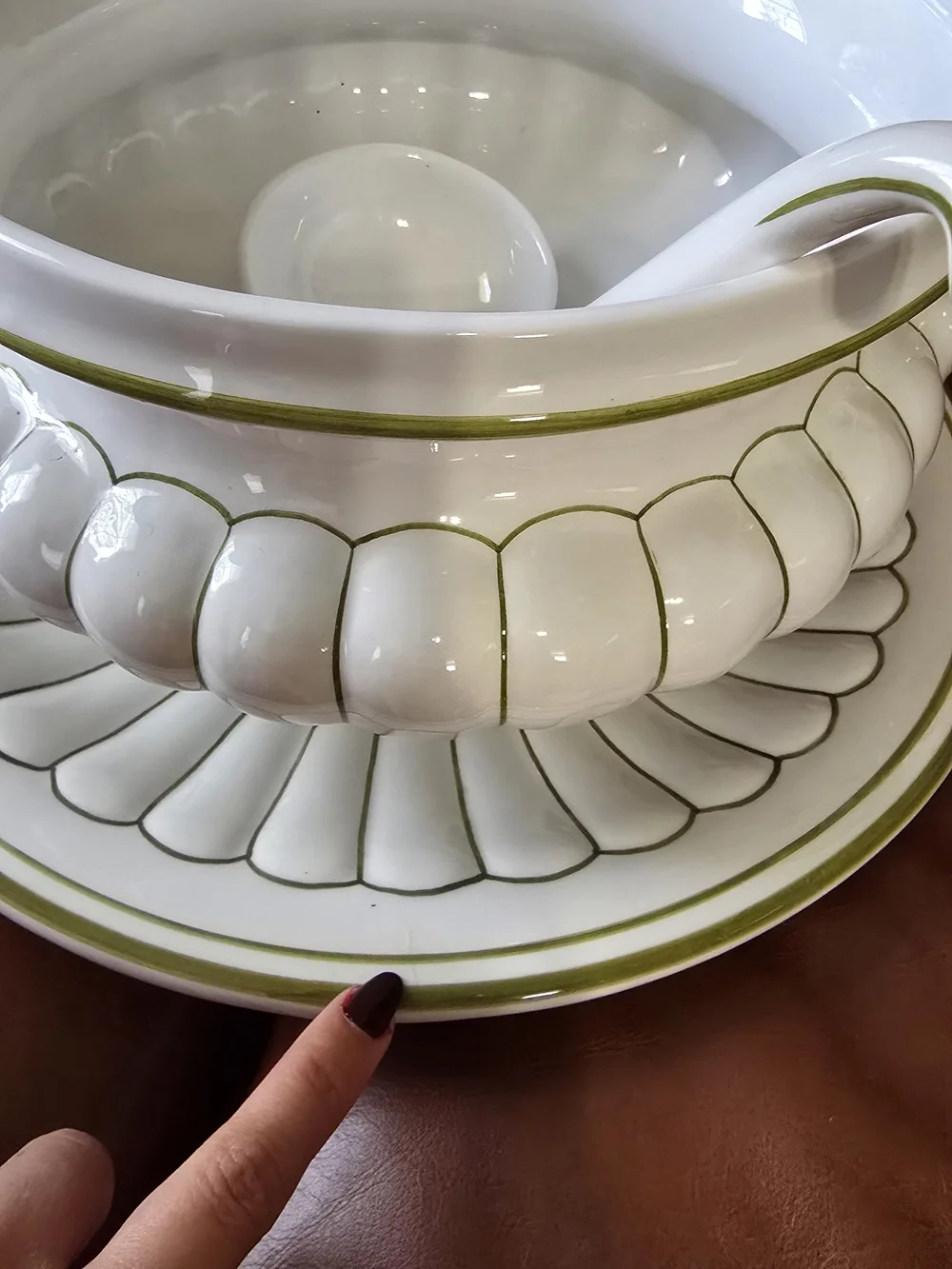 White and Olive Green Lidded Tureen with Underplate