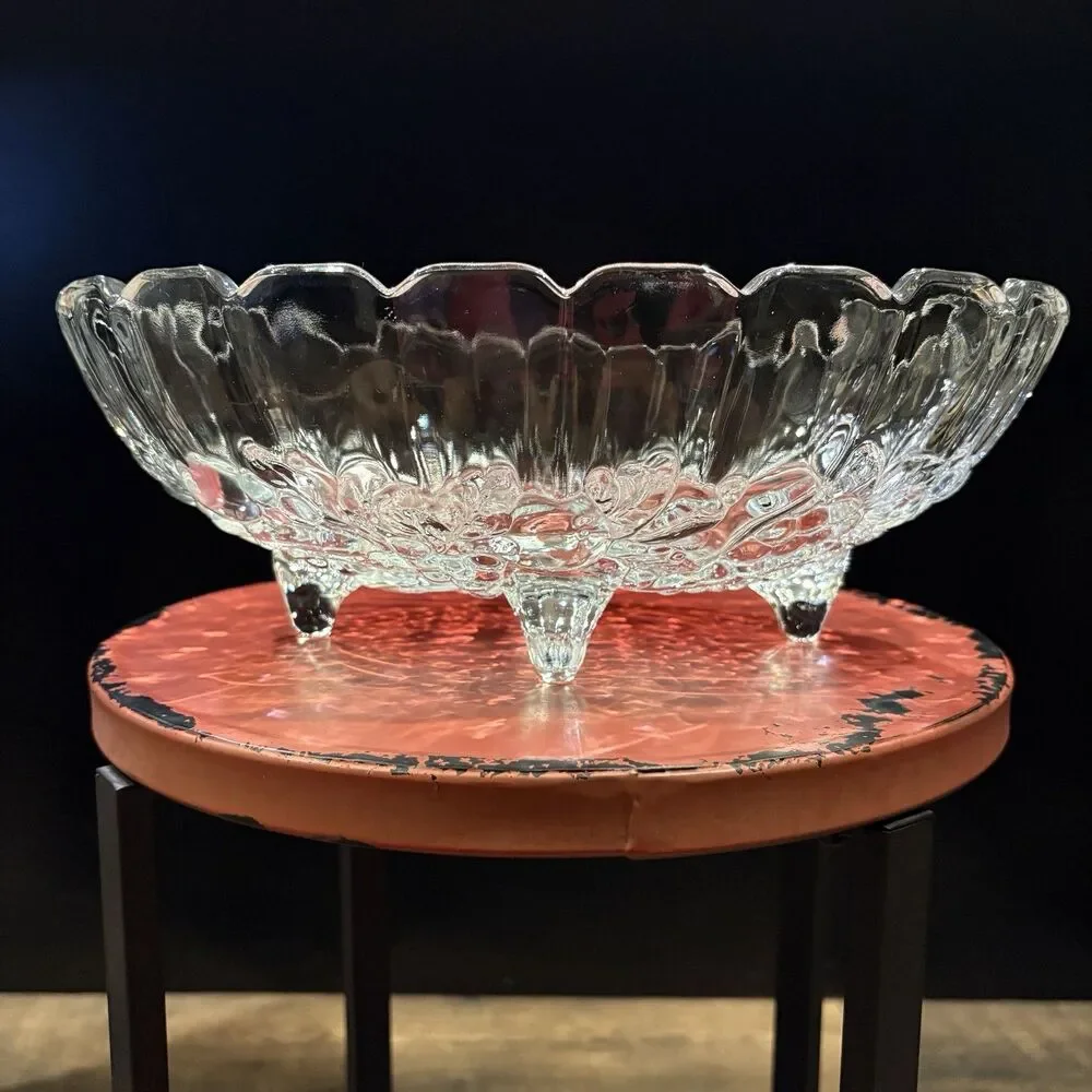 Vintage Clear Pressed Glass Footed Fruit Bowl Oval Scalloped 12” Serving Bowl