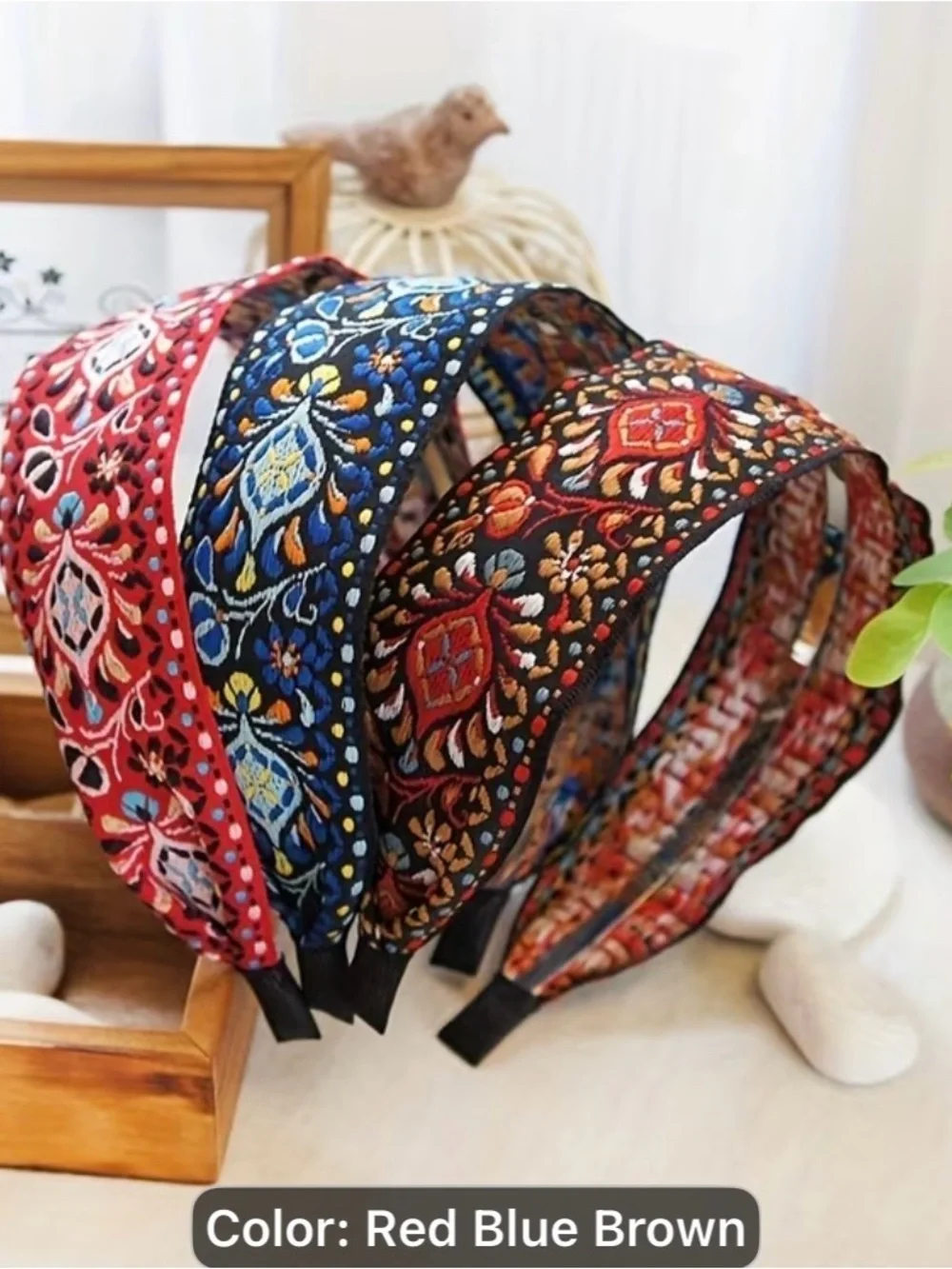 3PCS Embroidered Boho Headbands - Red, Blue, Brown