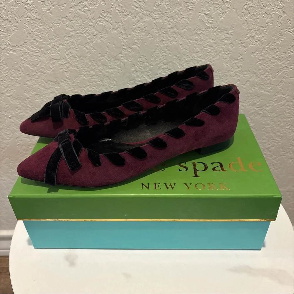 kate spade Burgundy Suede Pointed-Toe Flats with Black Ribbon Trim