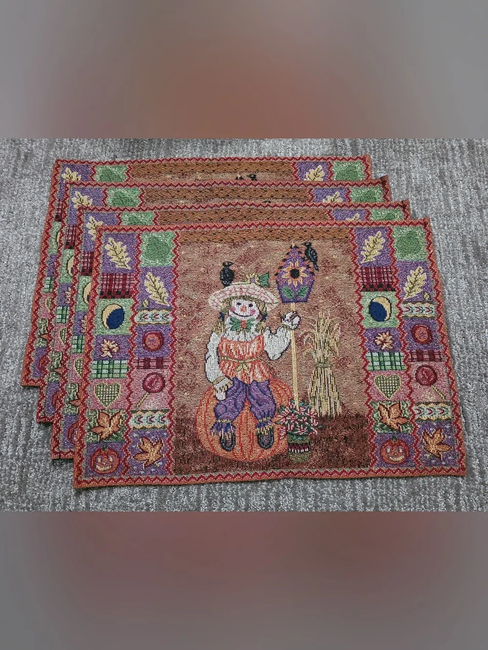 Four Tapestry Country Cottagecore Scarecrow Placemats Fall Folk Art Whimsical