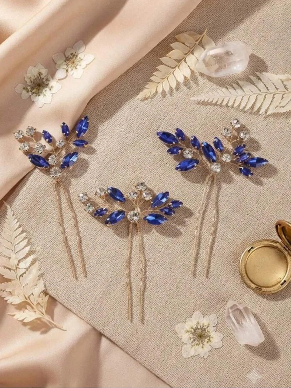 Bridal Gold and Blue Crystal Hair Pins - Elegant Wedding Hair Accessories