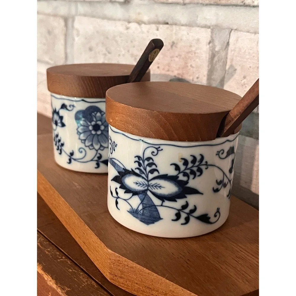 Blue Danube Blue Onion Ceramic Jars blue floral patterns, wooden lid/spoon/tray